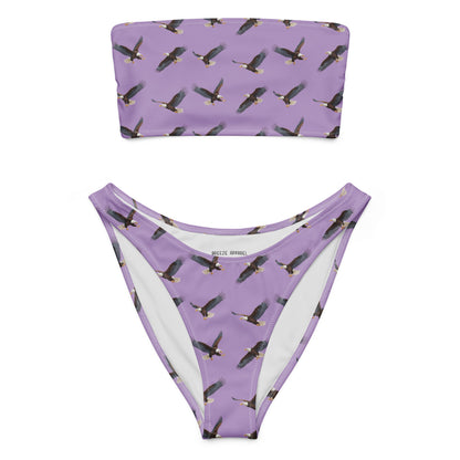 Purple bikini with pattern of bald eagles.