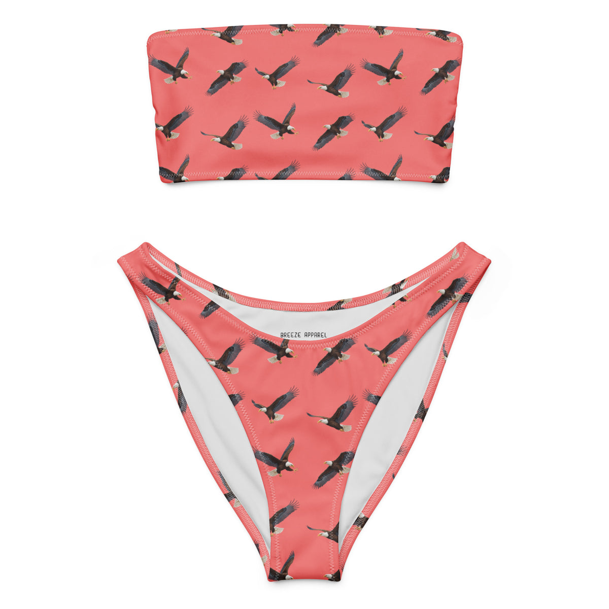 Red bikini with pattern of bald eagles.
