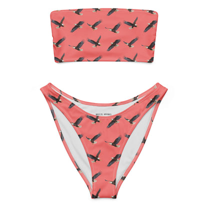 Red bikini with pattern of bald eagles.