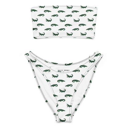 White bikini with pattern of green alligators.
