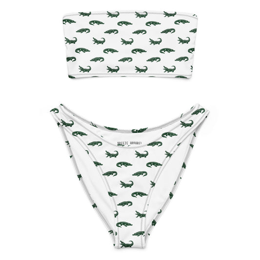 White bikini with pattern of green alligators.
