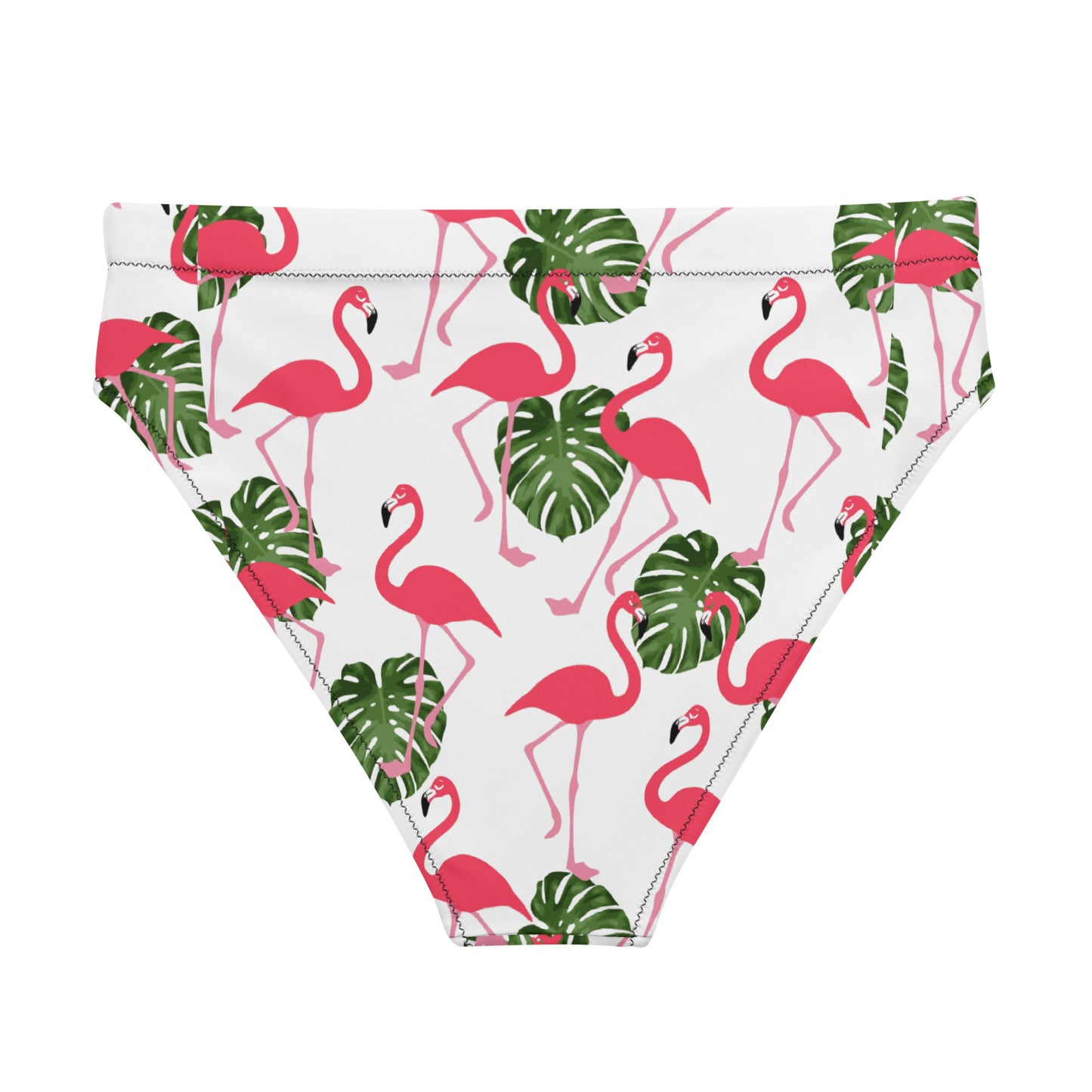 Back of bikini bottom with all-over flamingo pattern set on white background.