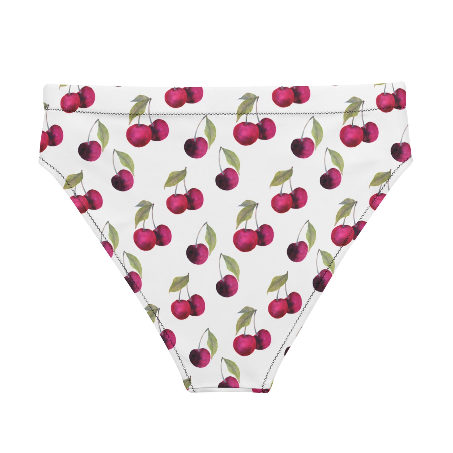 Back of bikini bottom with all-over cherry pattern set on white background.