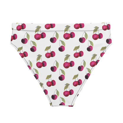 Back of bikini bottom with all-over cherry pattern set on white background.