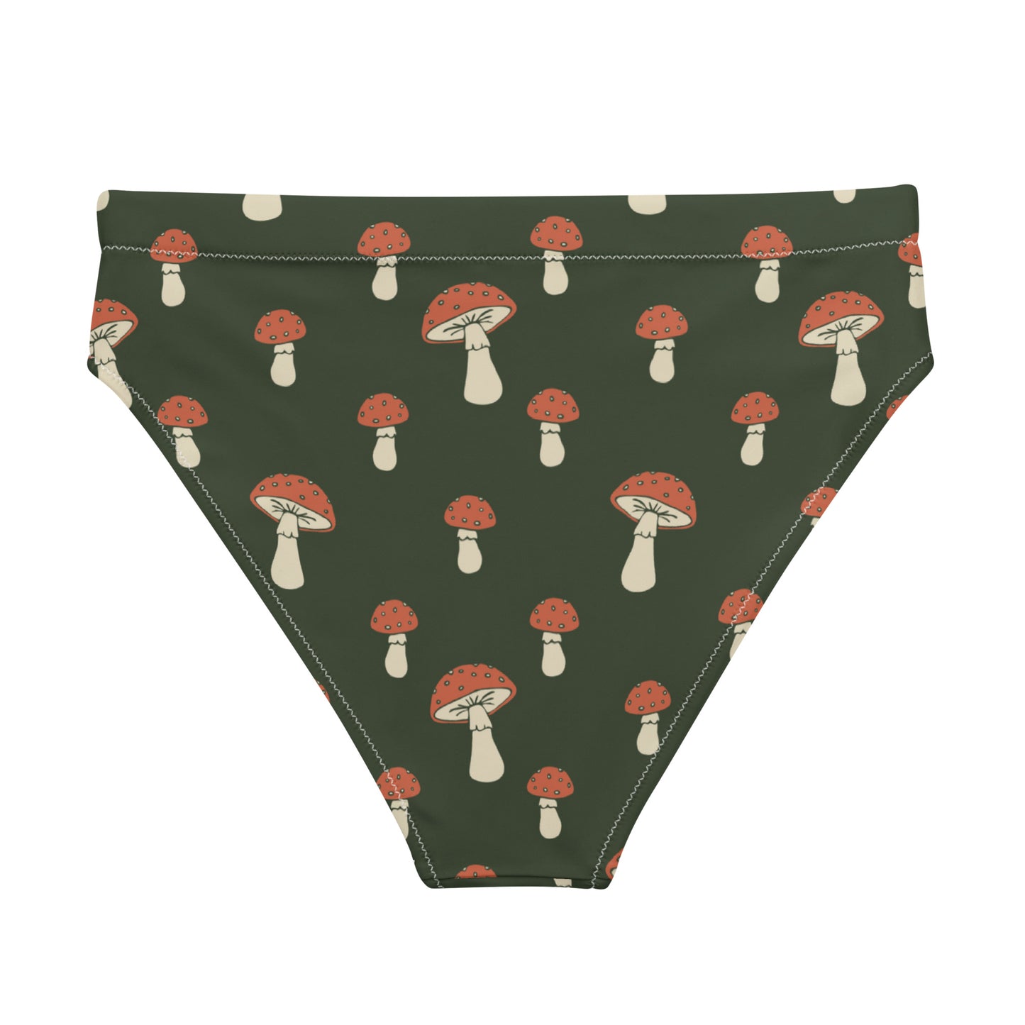 Back of bikini bottom with pattern of mushrooms set on a green background.