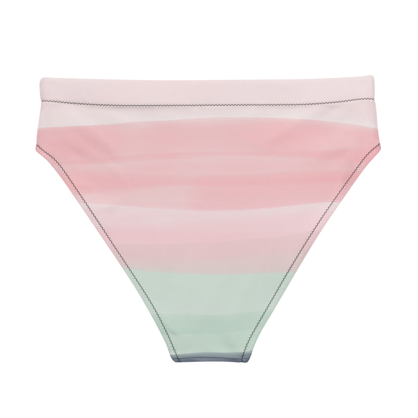 Back of bikini bottom with design resembling watercolor. Dominant colors are pink and light green.