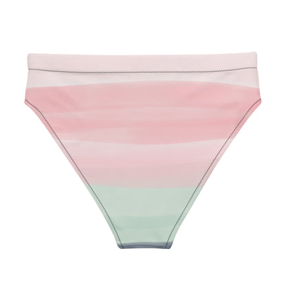 Back of bikini bottom with design resembling watercolor. Dominant colors are pink and light green.