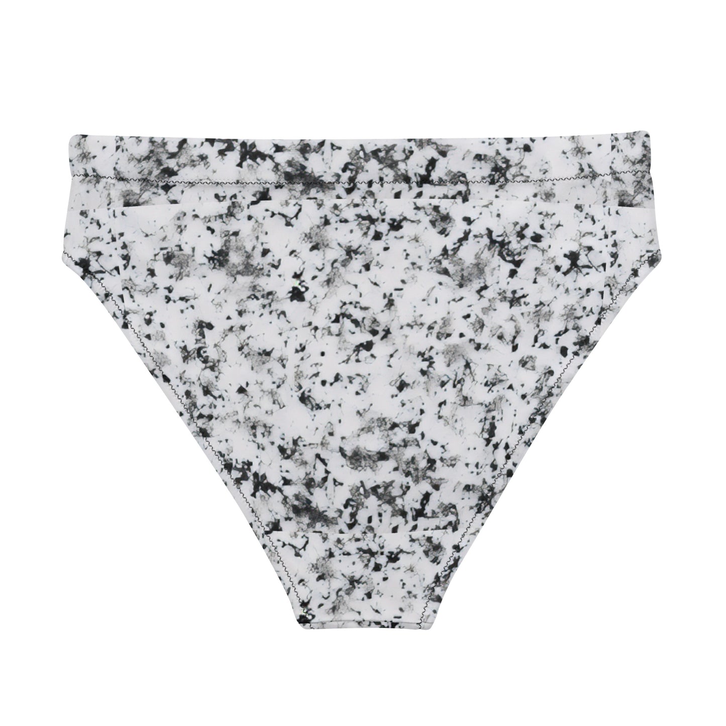 Back of bikini bottom with pattern of black splotches set on a white background.