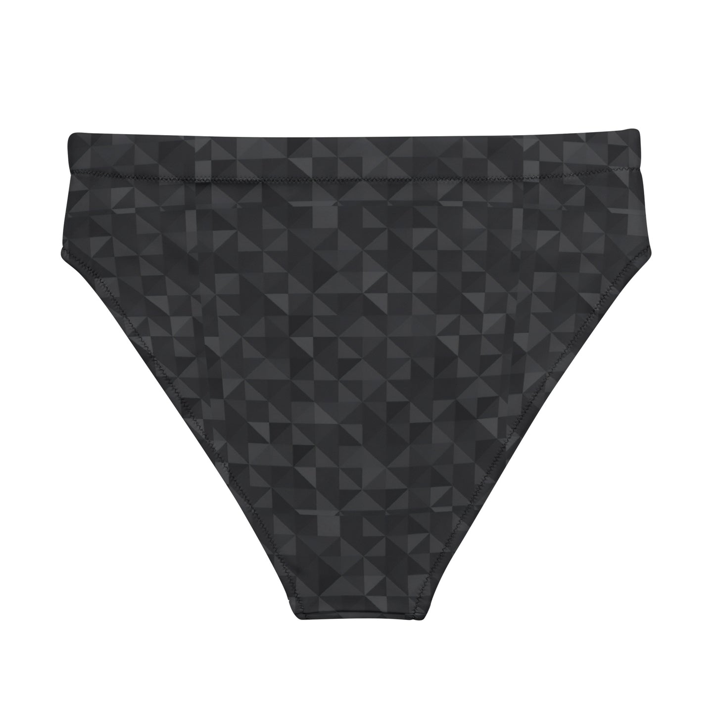 Back of bikini bottom with dark-gray geometric pattern.