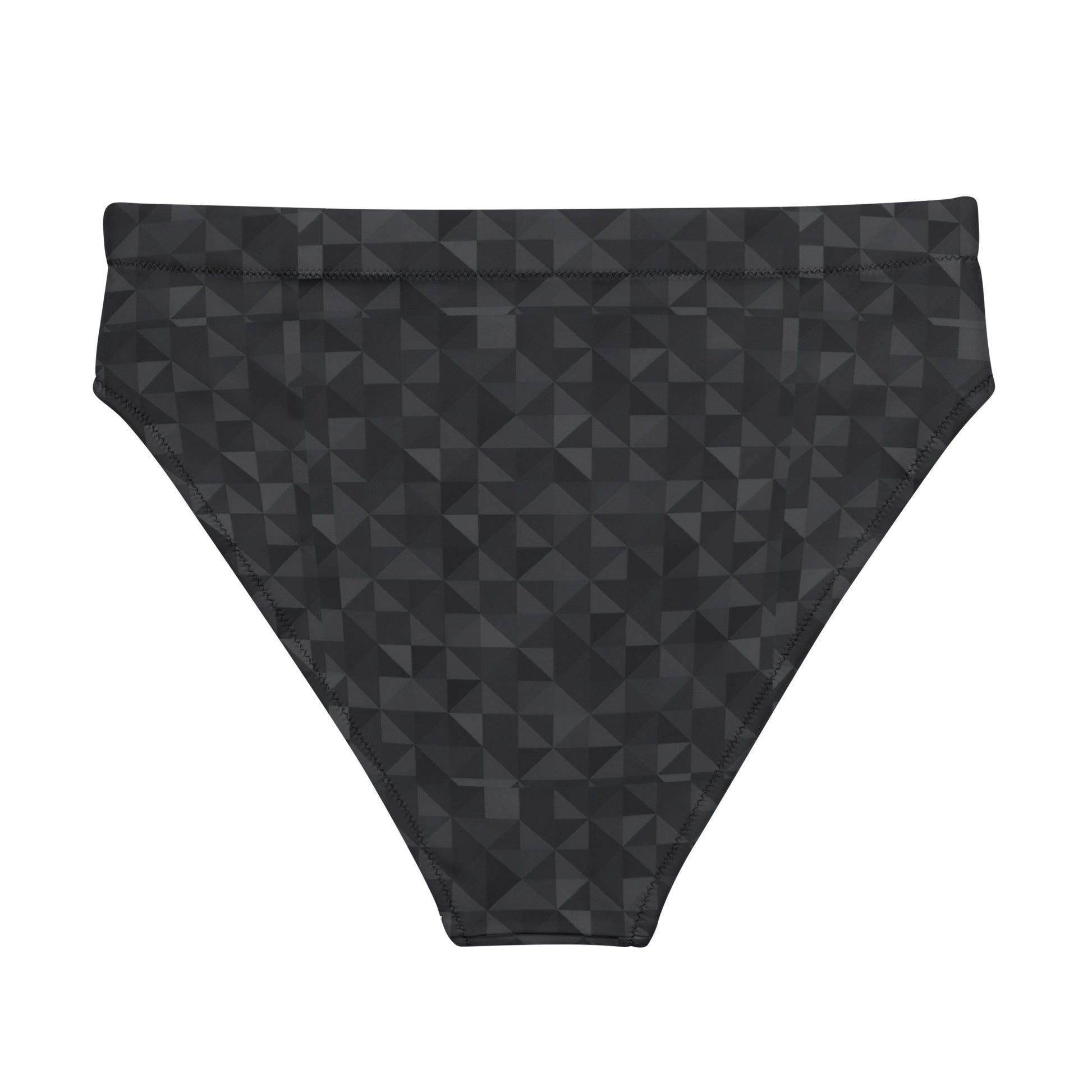 Back of bikini bottom with dark-gray geometric pattern.
