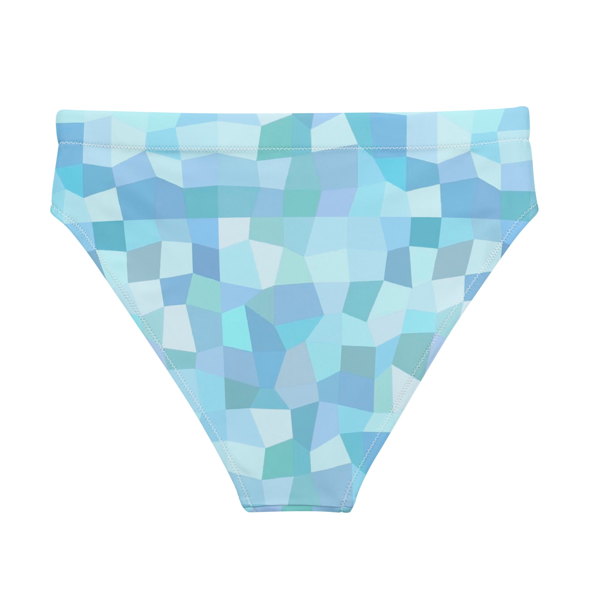 Back of bikini bottom with cyan geometric pattern.