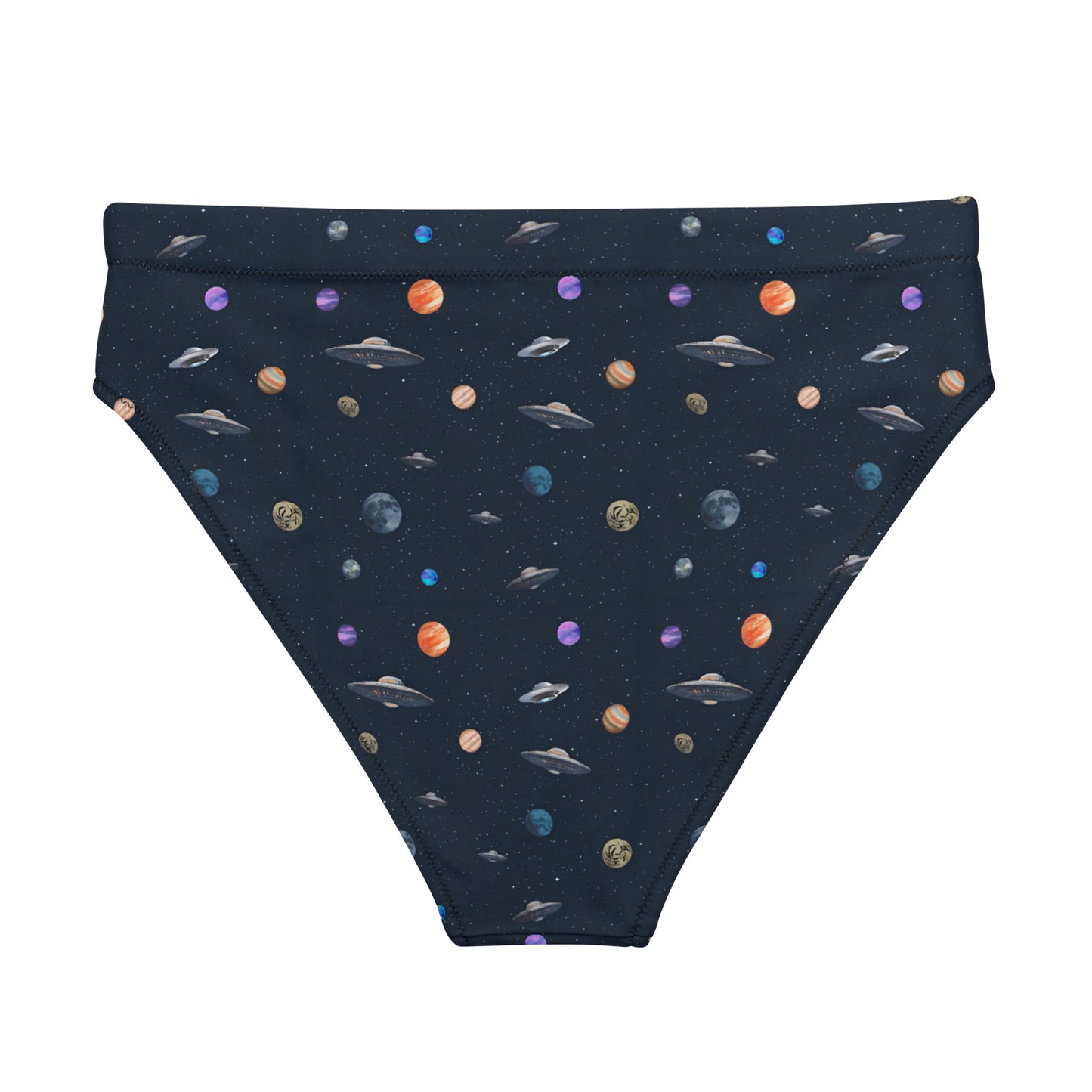 Bikini bottom with pattern of UFOs and planets in space.