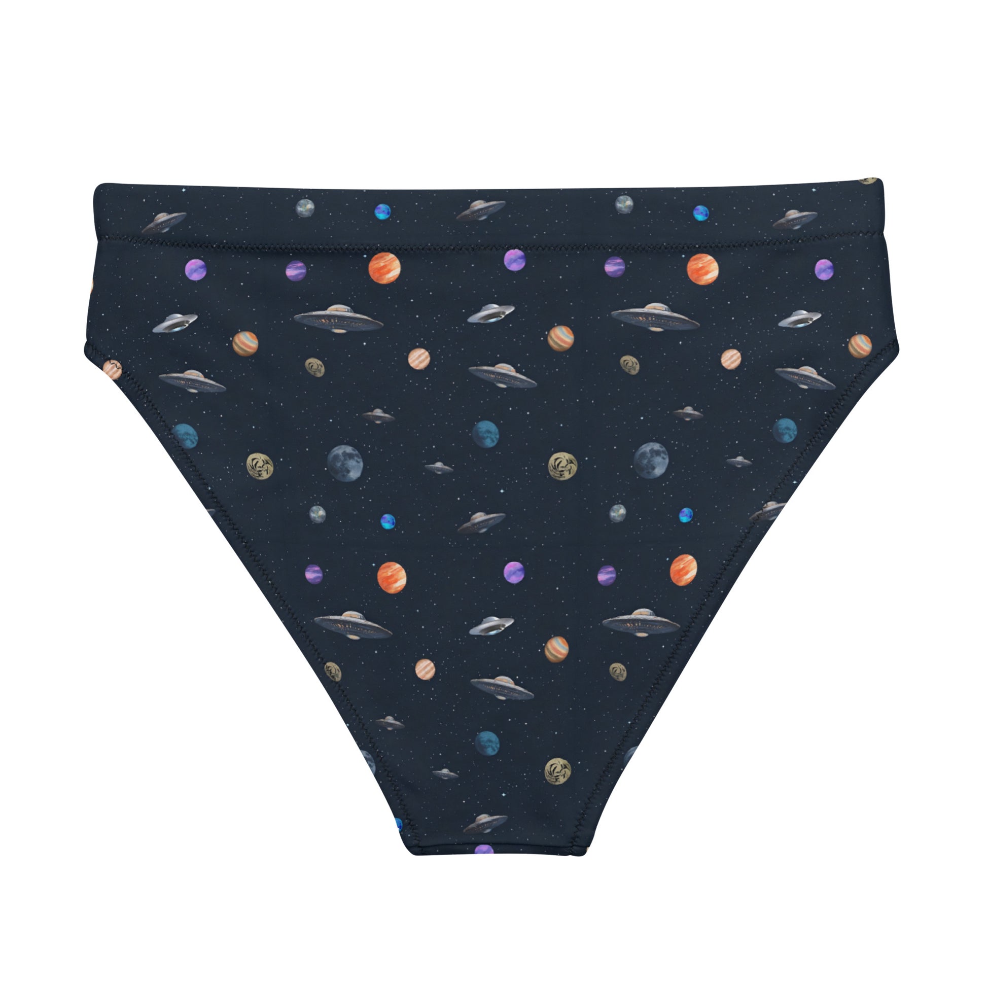 Bikini bottom with pattern of UFOs and planets in space.