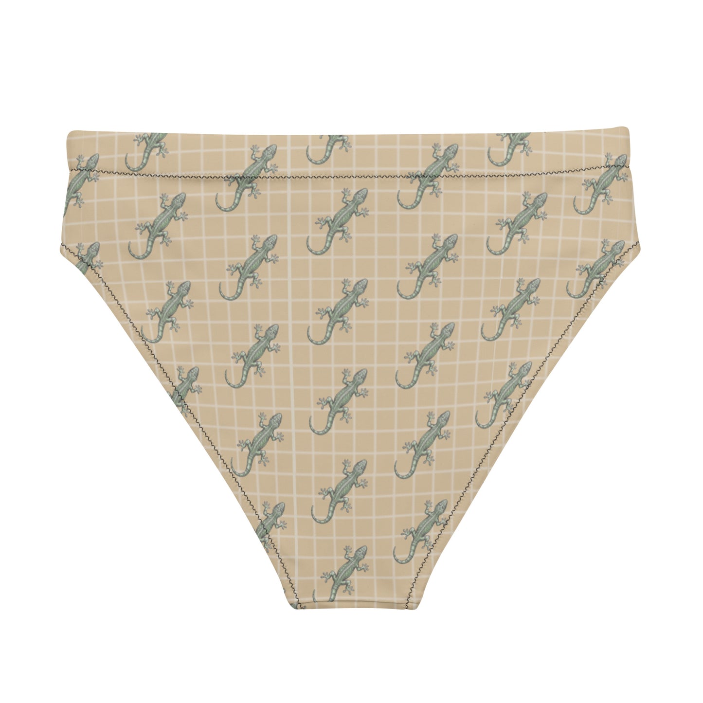 Beige bikini bottom with pattern of green geckos.