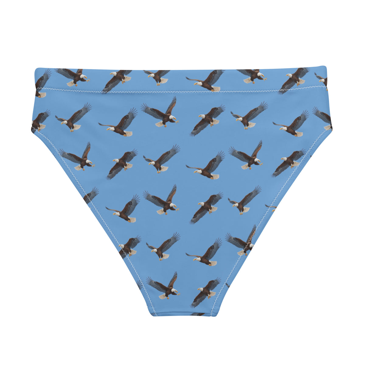 Blue bikini bottom with pattern of bald eagles.