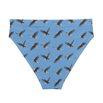 Blue bikini bottom with pattern of bald eagles.