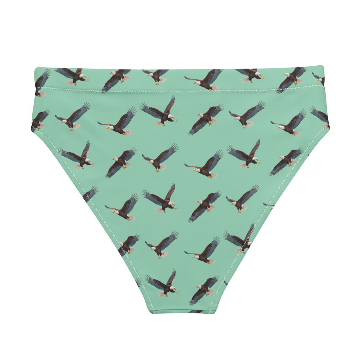 Green bikini bottom with pattern of bald eagles.
