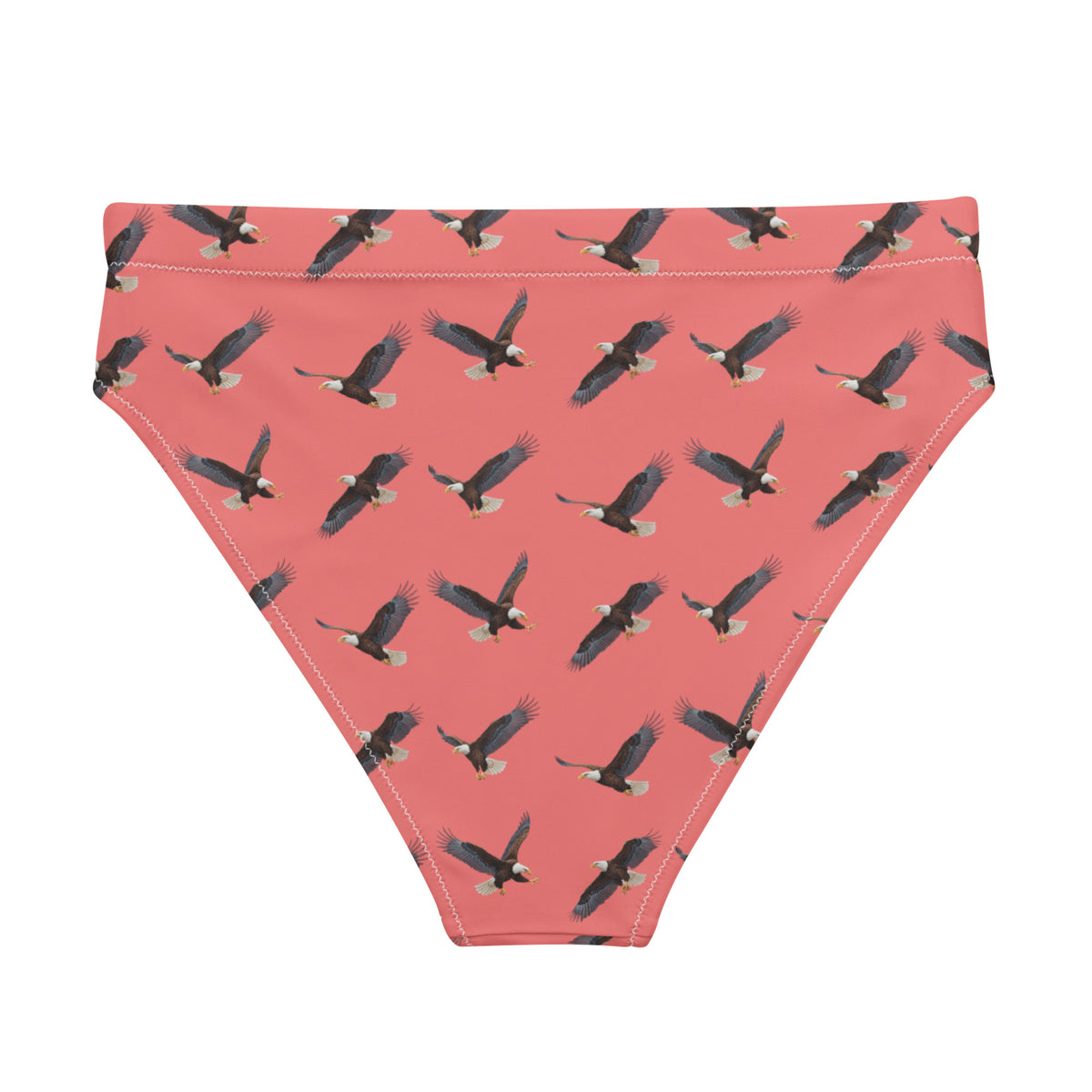 Red bikini bottom with pattern of bald eagles.