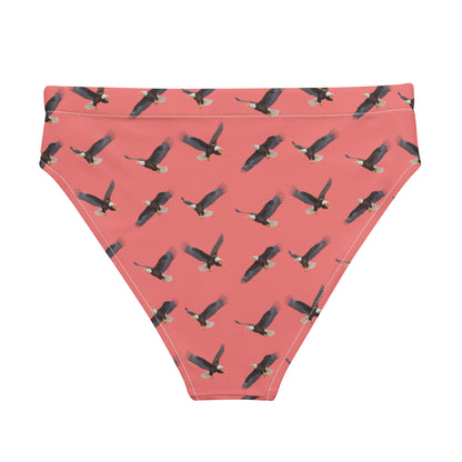 Red bikini bottom with pattern of bald eagles.