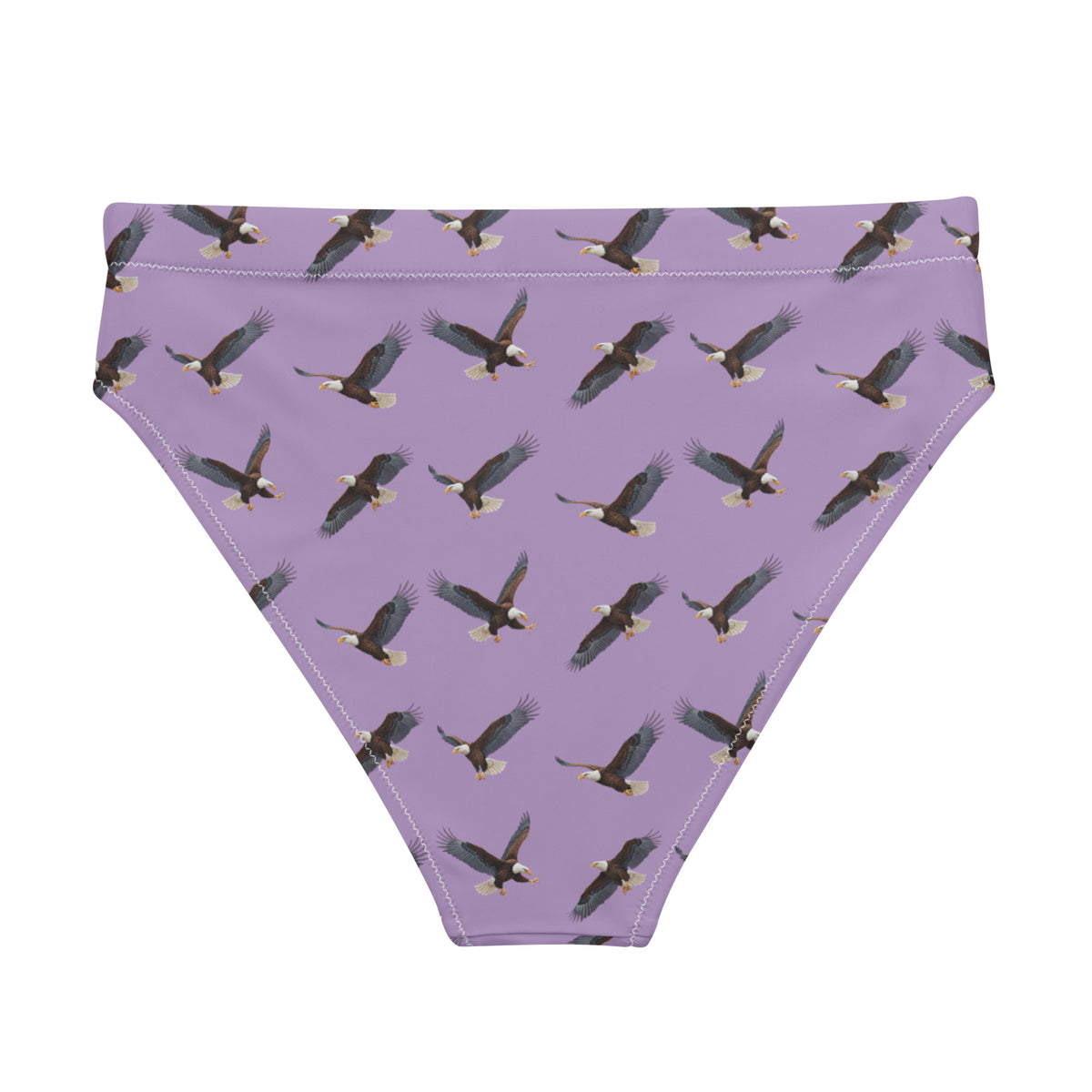 Purple bikini bottom with pattern of bald eagles.
