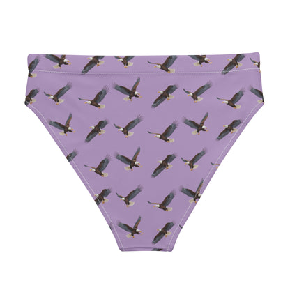 Purple bikini bottom with pattern of bald eagles.
