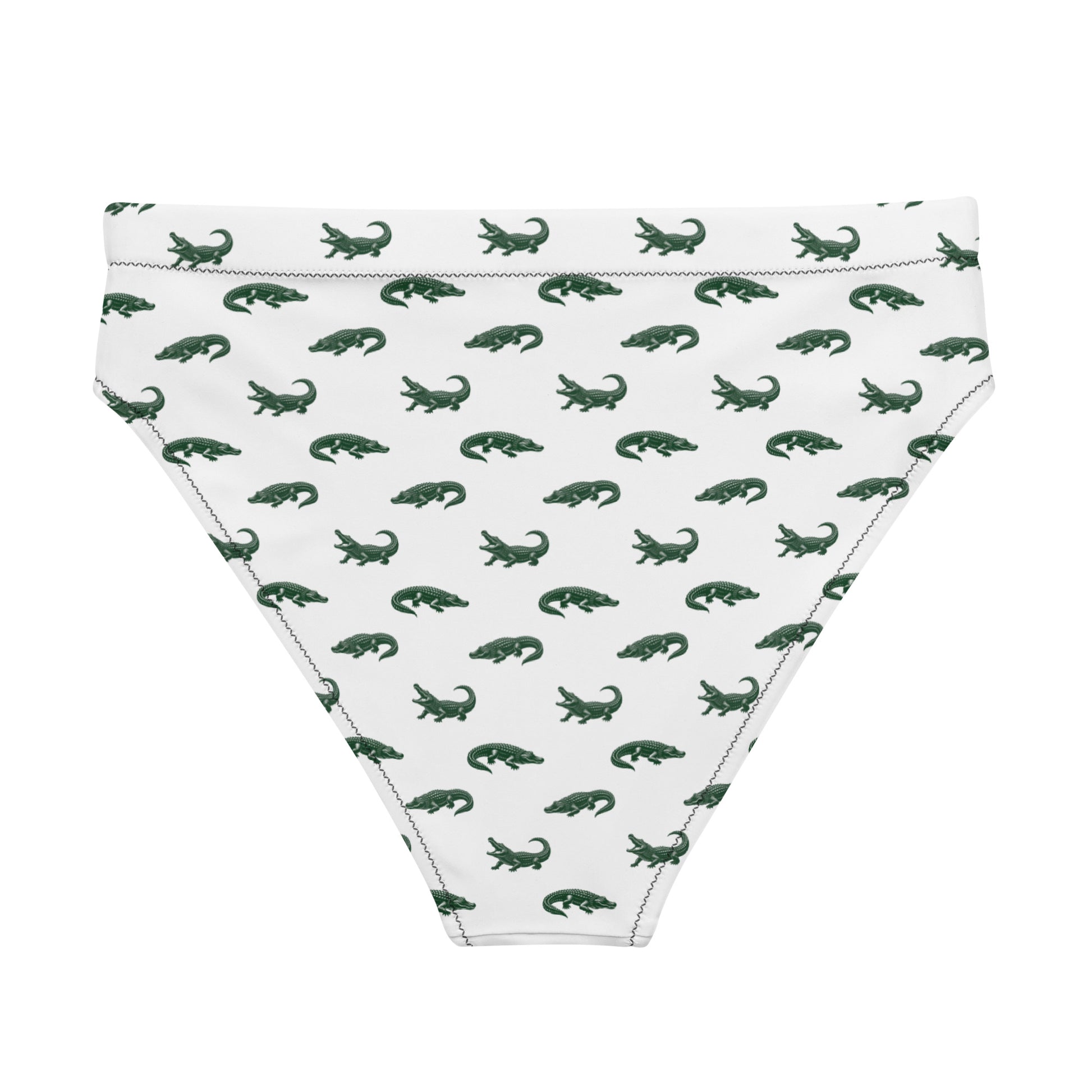 White bikini bottom with pattern of green alligators.