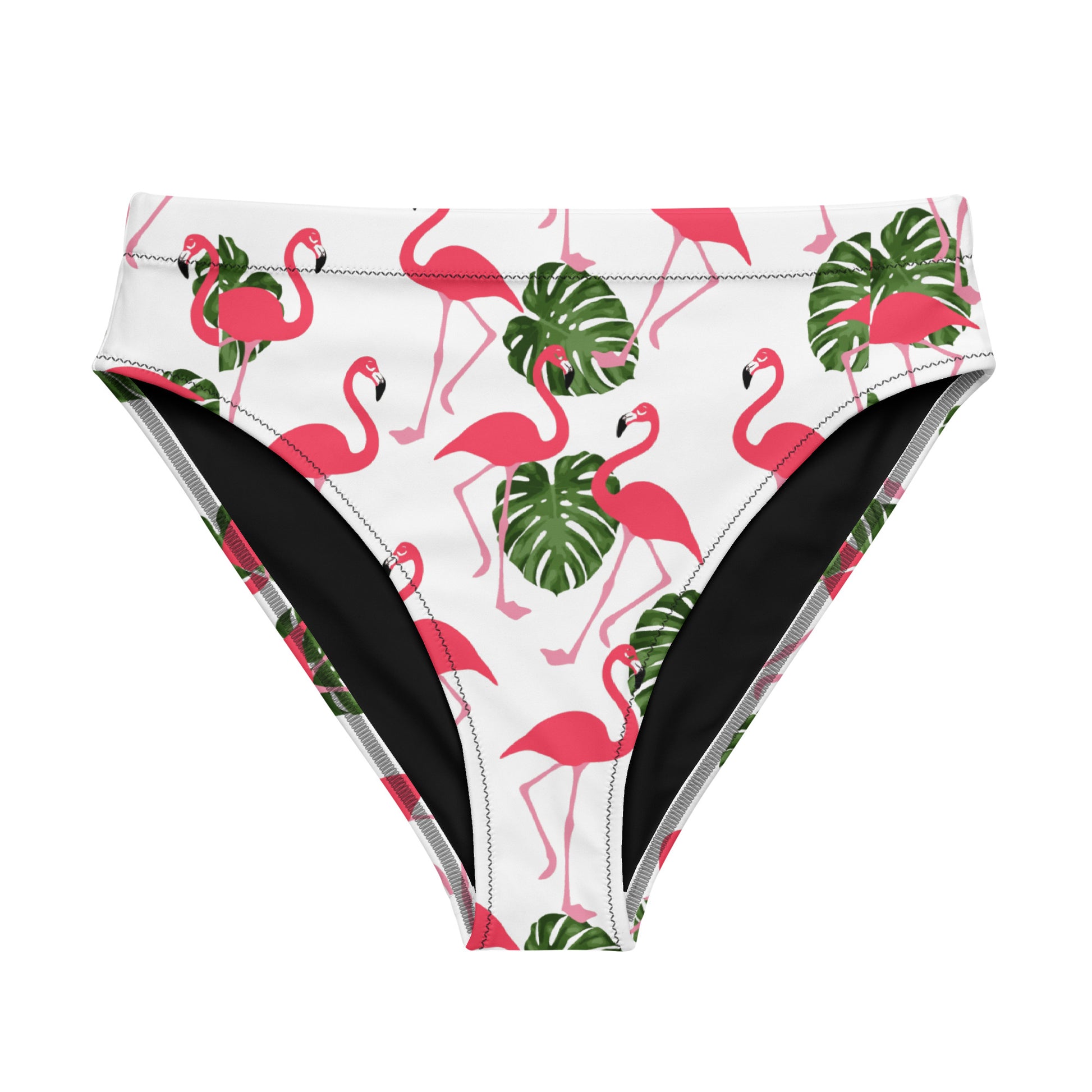 Bikini bottom with all-over flamingo pattern set on white background.