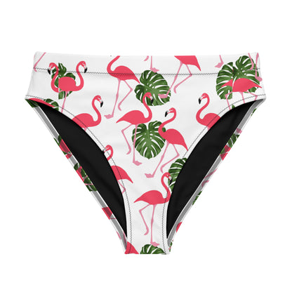 Bikini bottom with all-over flamingo pattern set on white background.