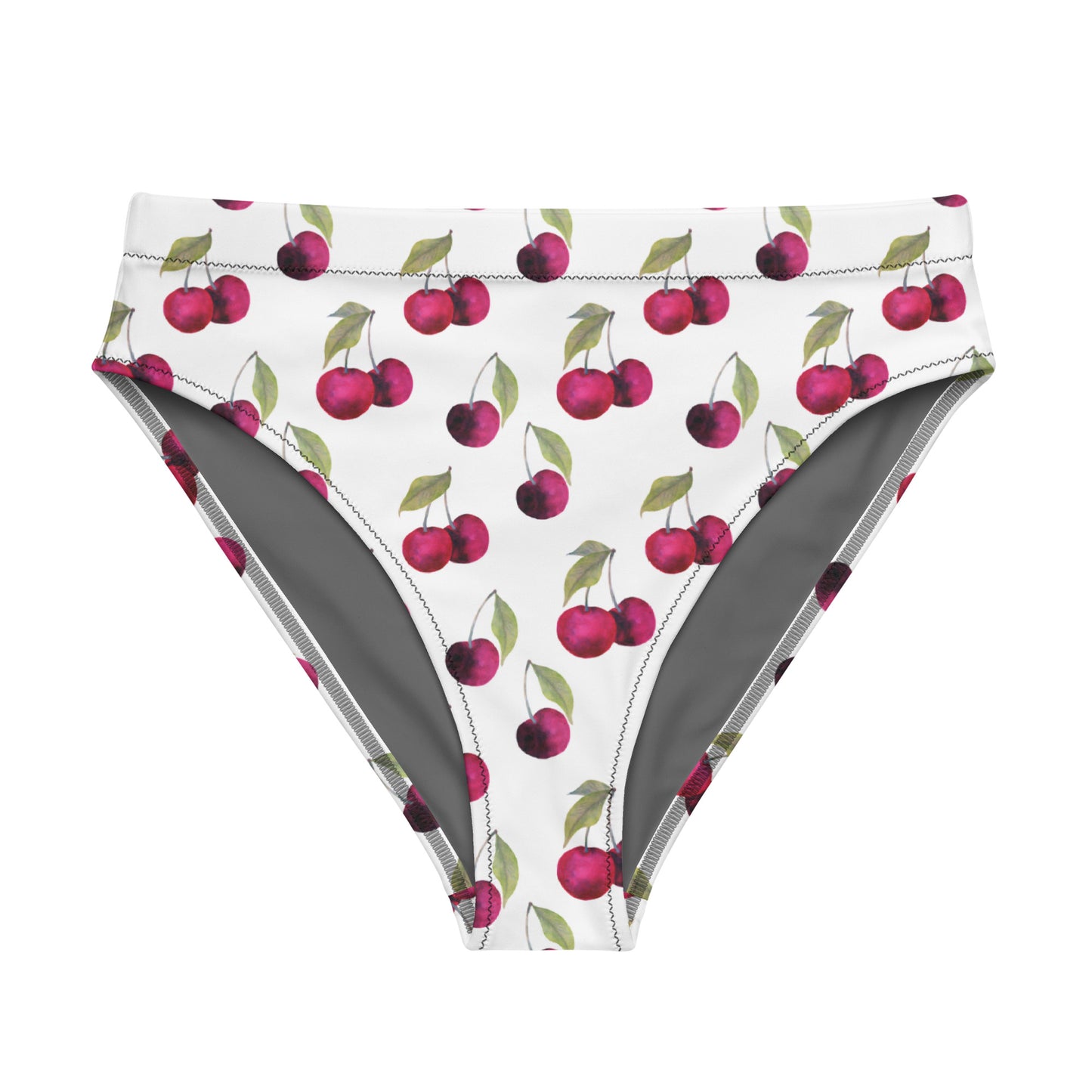 Bikini bottom with all-over cherry pattern set on white background.