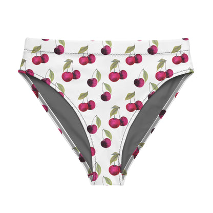 Bikini bottom with all-over cherry pattern set on white background.