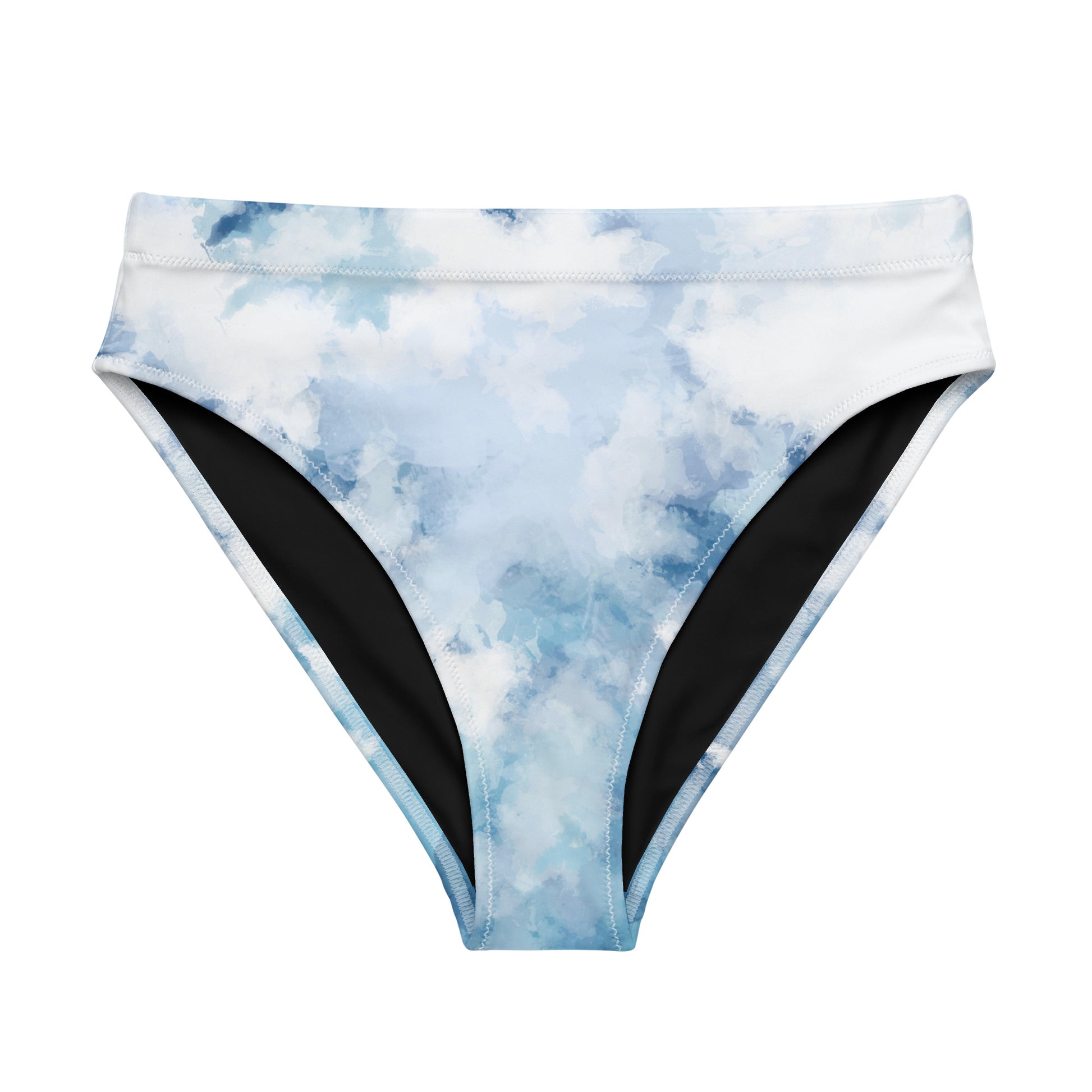 Bikini bottom with blue-white watercolor design.