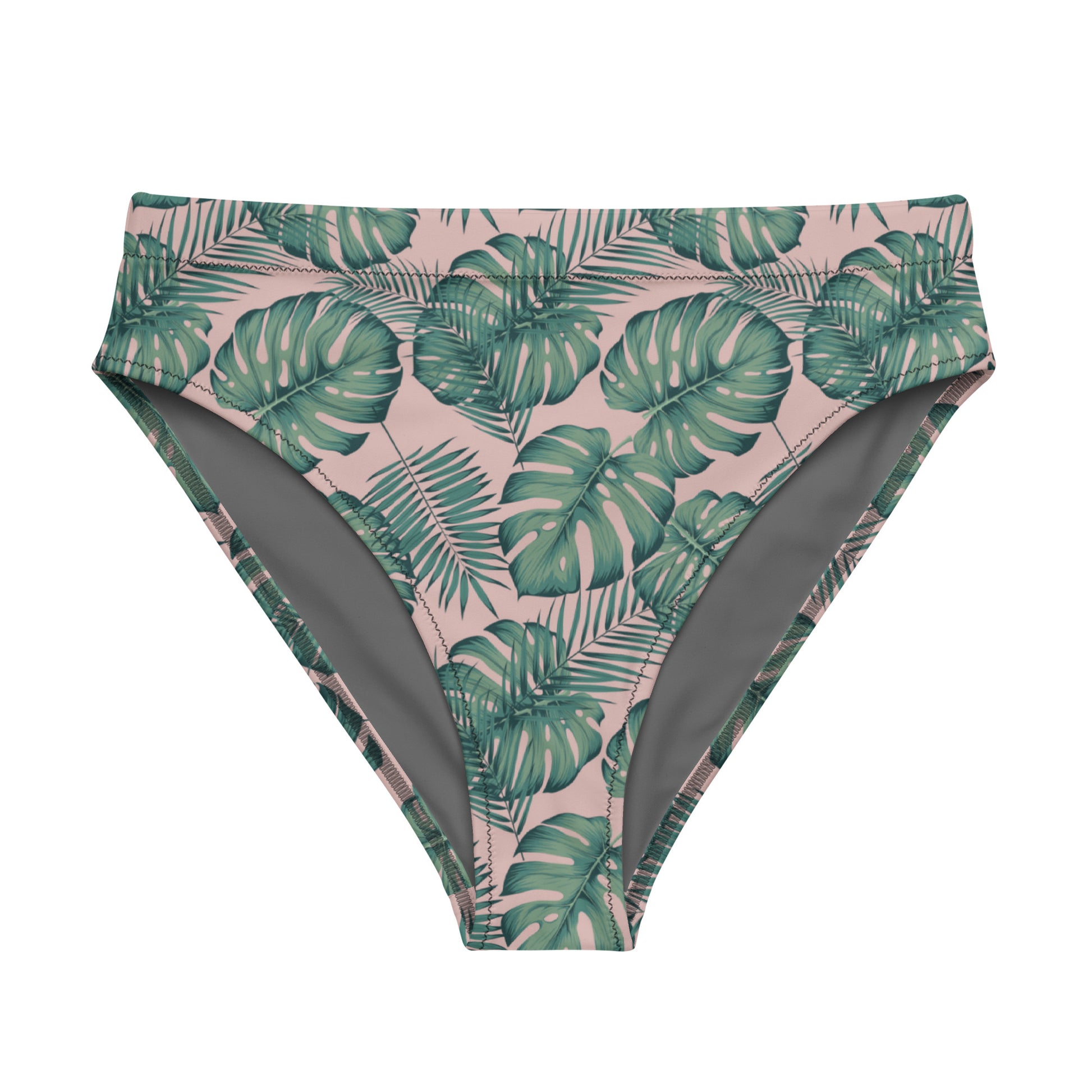 Bikini bottom with pattern of green palm leaves set on a pink background.