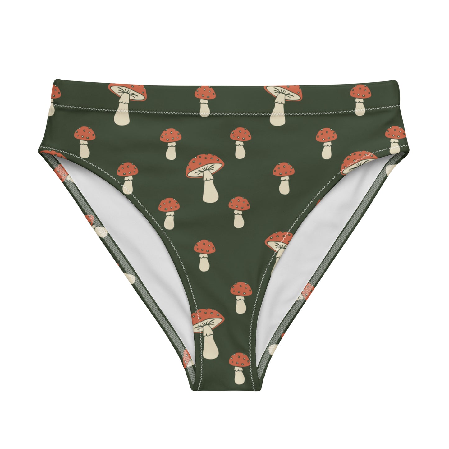 Bikini bottom with pattern of mushrooms set on a green background.