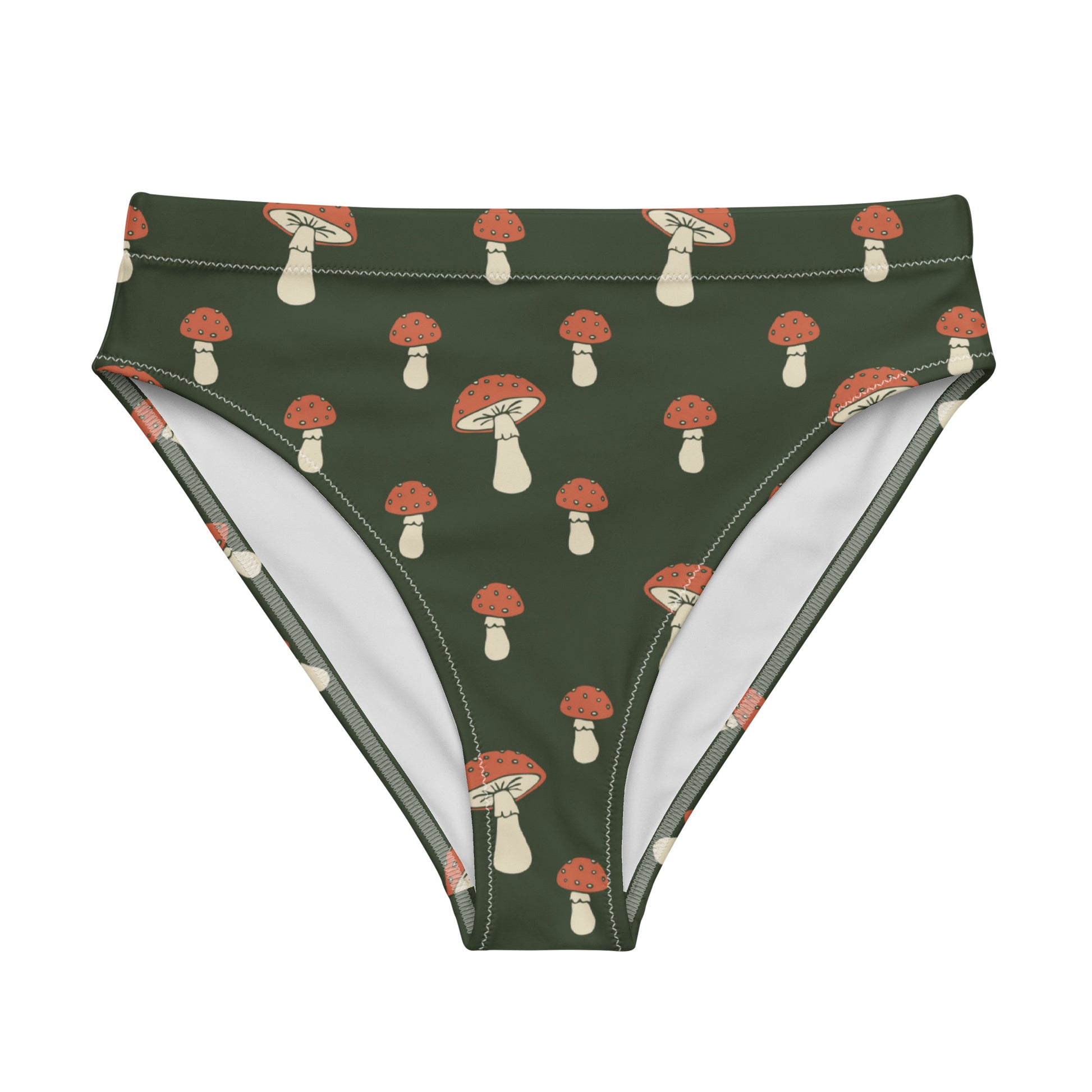 Bikini bottom with pattern of mushrooms set on a green background.
