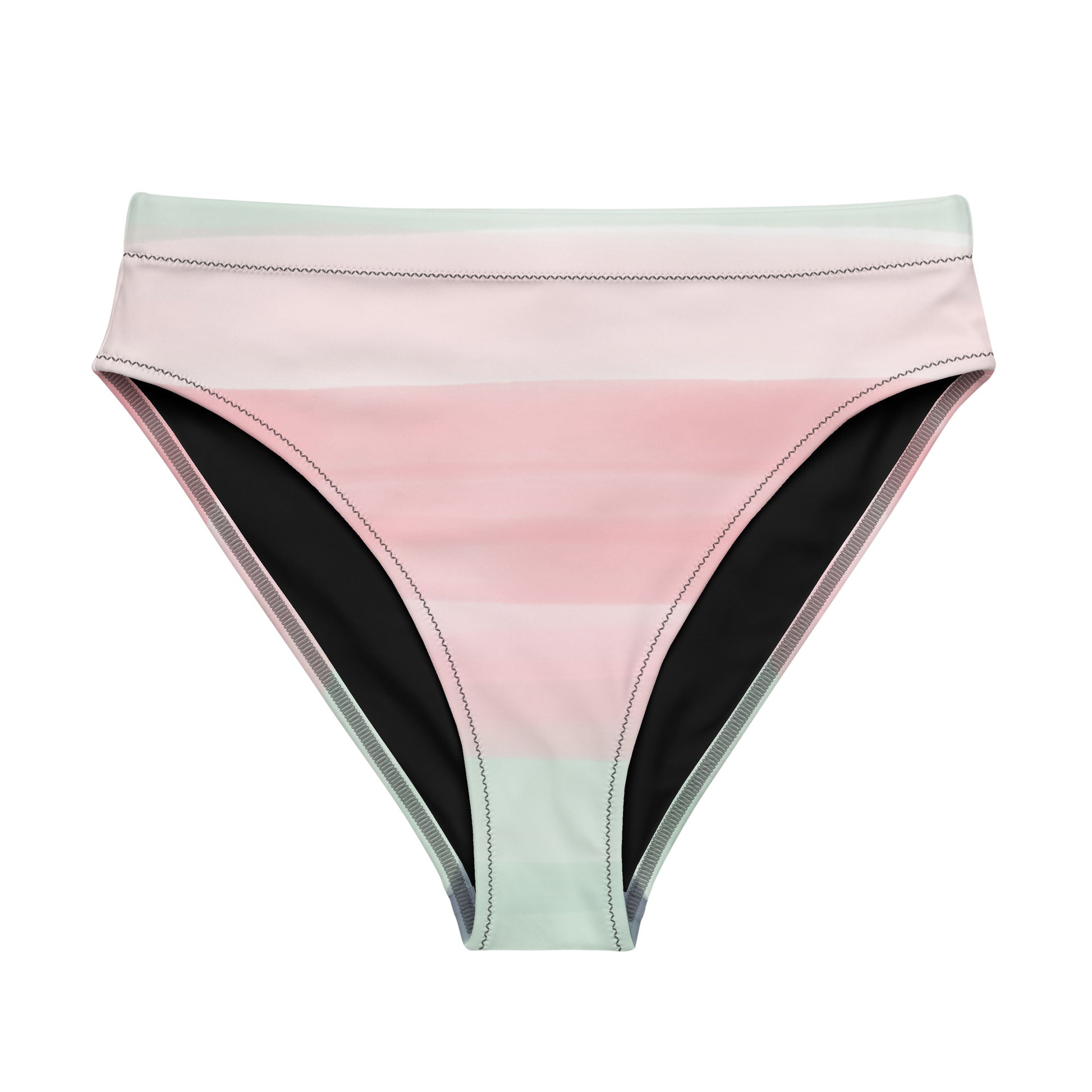 Bikini bottom with design resembling watercolor. Dominant colors are pink and light green.