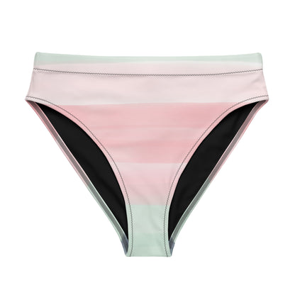 Bikini bottom with design resembling watercolor. Dominant colors are pink and light green.