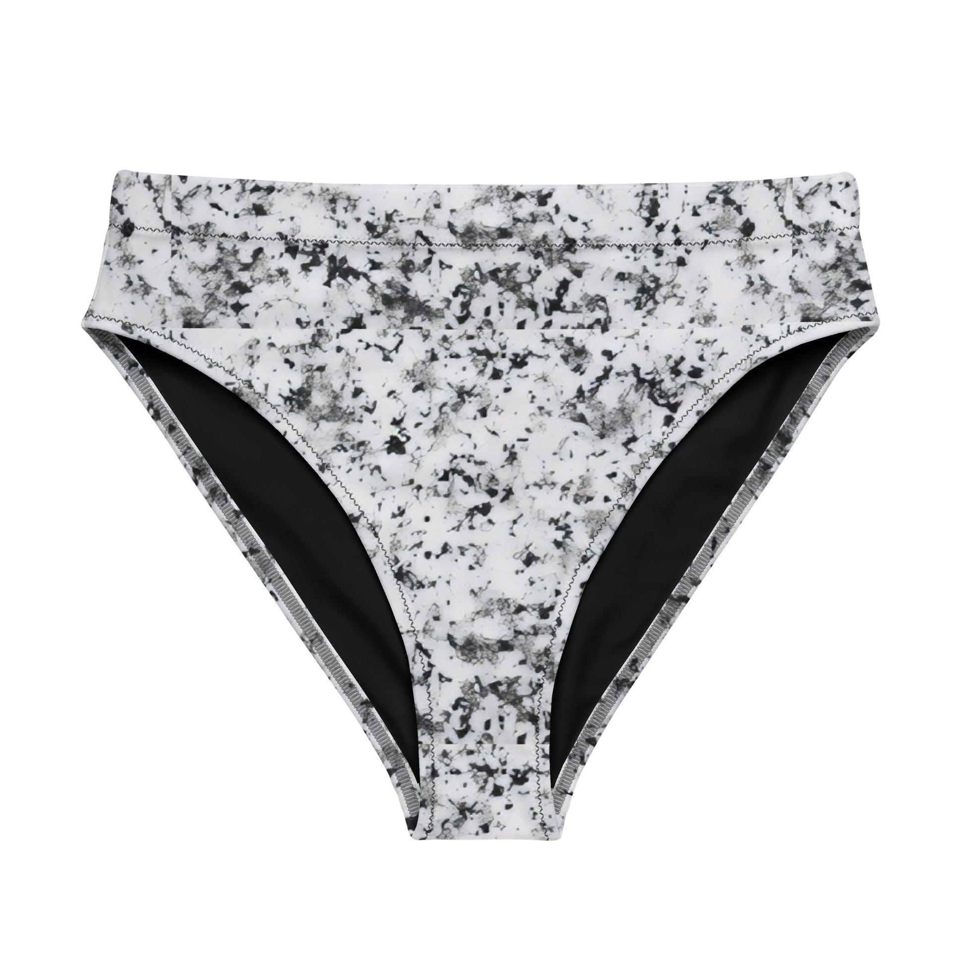Bikini bottom with pattern of black splotches set on a white background.