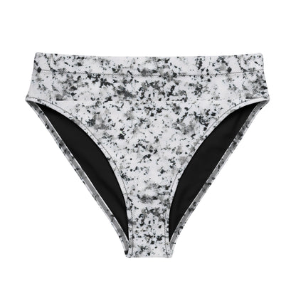 Bikini bottom with pattern of black splotches set on a white background.