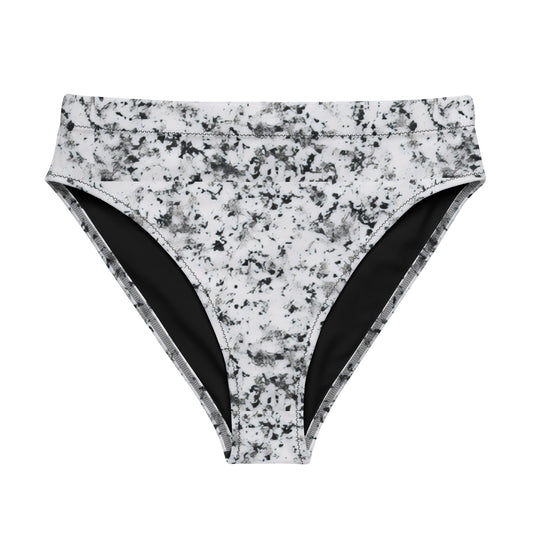 Bikini bottom with pattern of black splotches set on a white background.