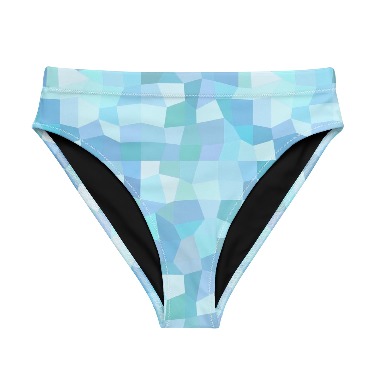 Bikini bottom with cyan geometric pattern.