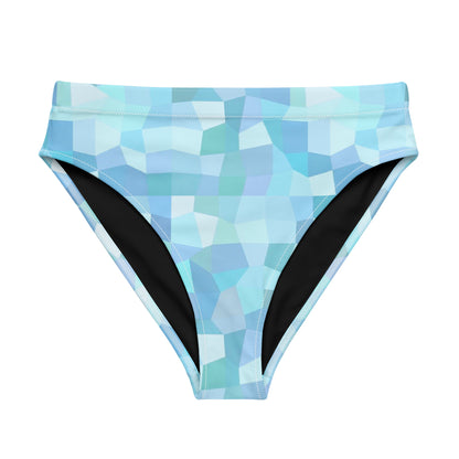 Bikini bottom with cyan geometric pattern.