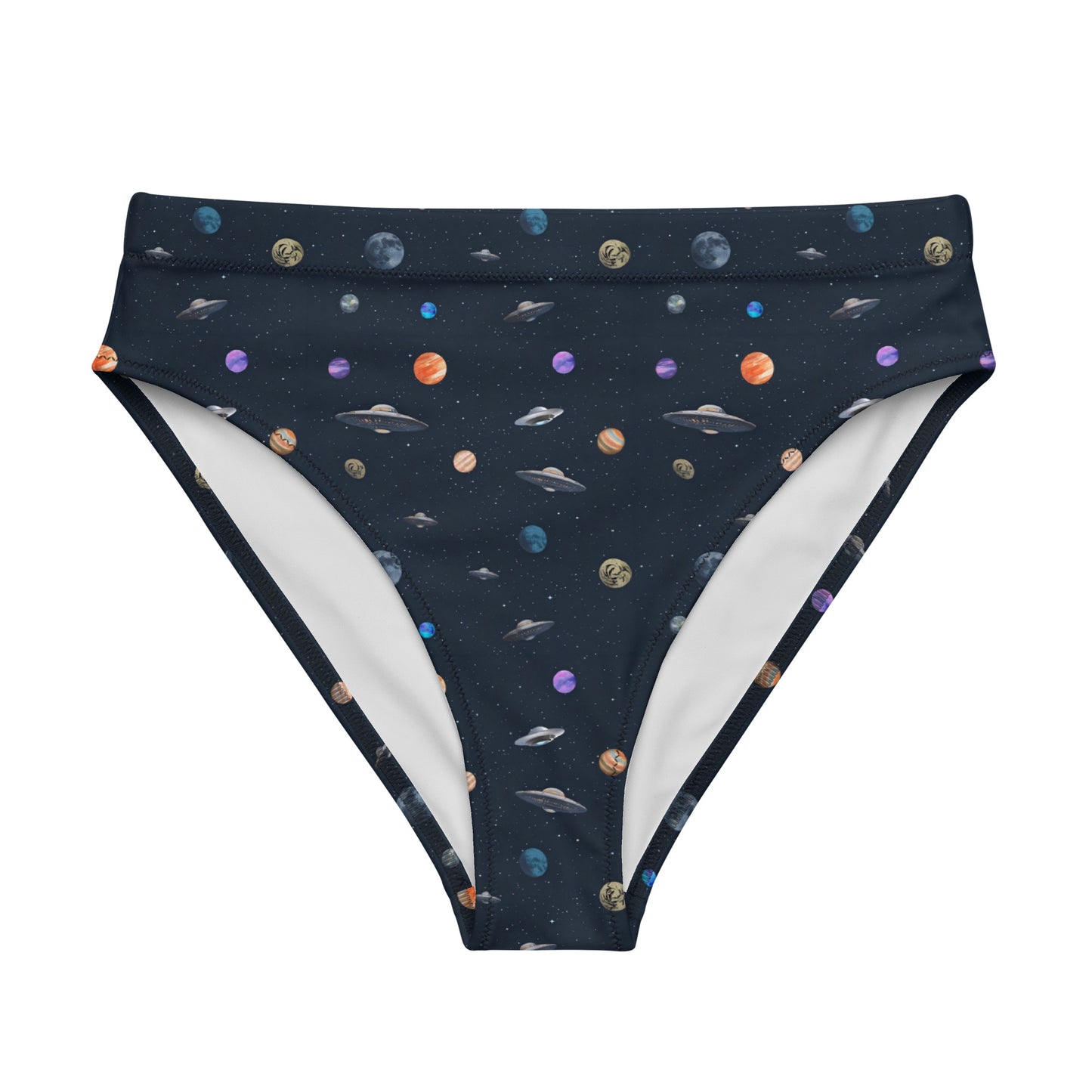 Bikini bottom with pattern of UFOs and planets in space.