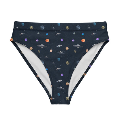 Bikini bottom with pattern of UFOs and planets in space.