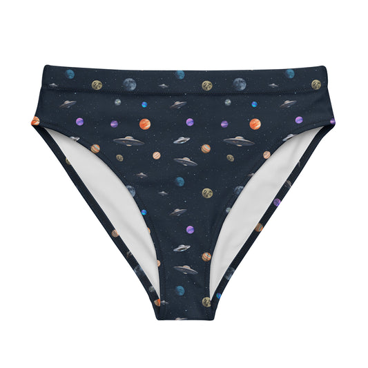 Bikini bottom with pattern of UFOs and planets in space.