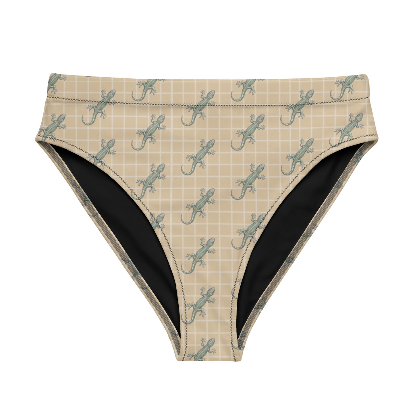 Beige bikini bottom with pattern of green geckos.