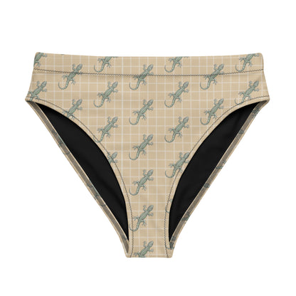 Beige bikini bottom with pattern of green geckos.