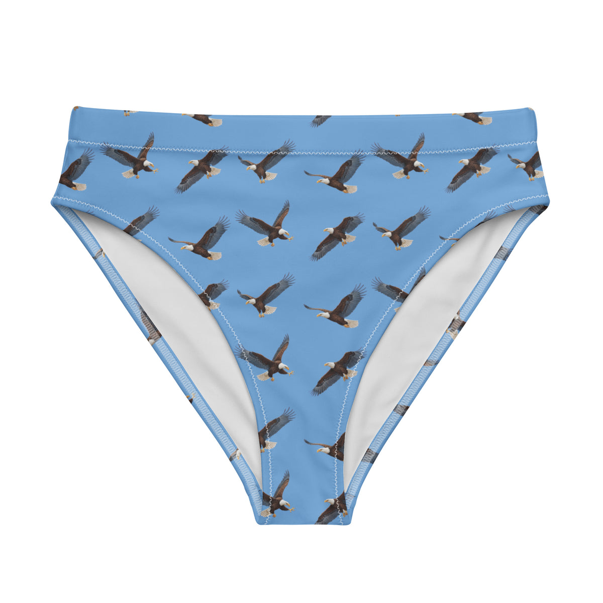 Blue bikini bottom with pattern of bald eagles.