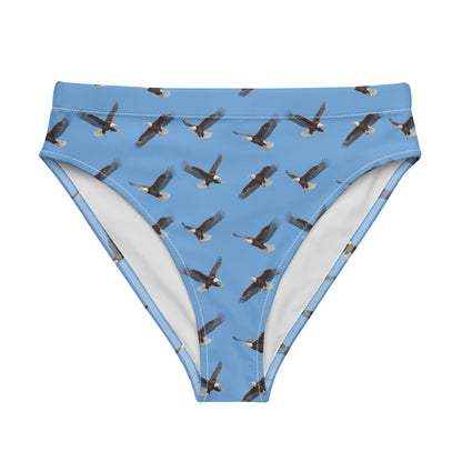 Blue bikini bottom with pattern of bald eagles.