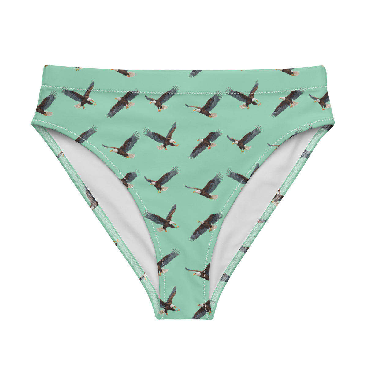 Green bikini bottom with pattern of bald eagles.