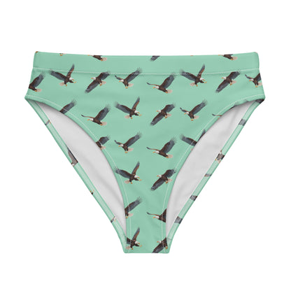 Green bikini bottom with pattern of bald eagles.
